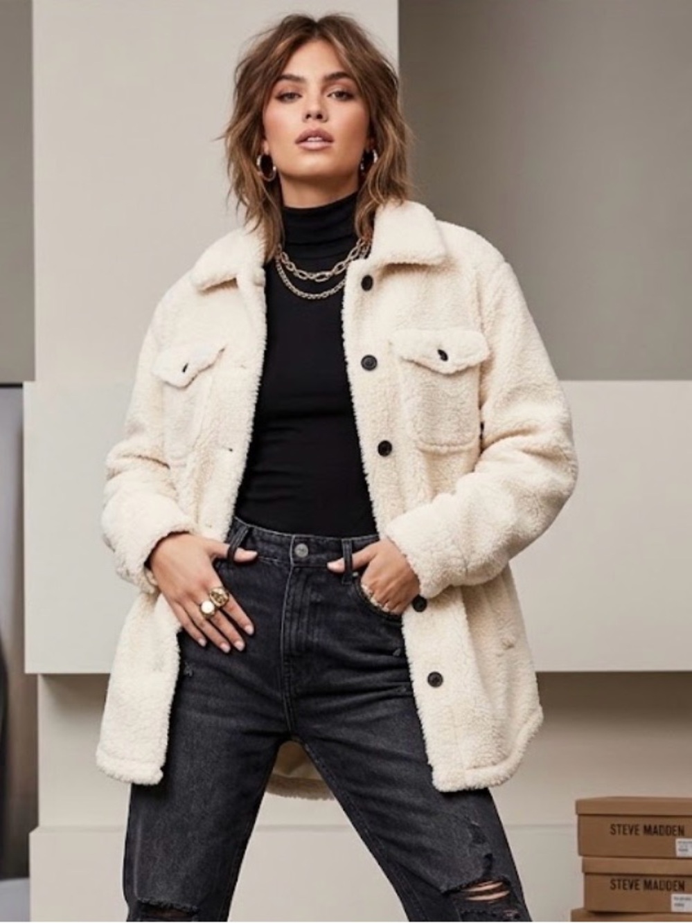 Steve Madden Cream Sherpa Fleece Shacket Jacket